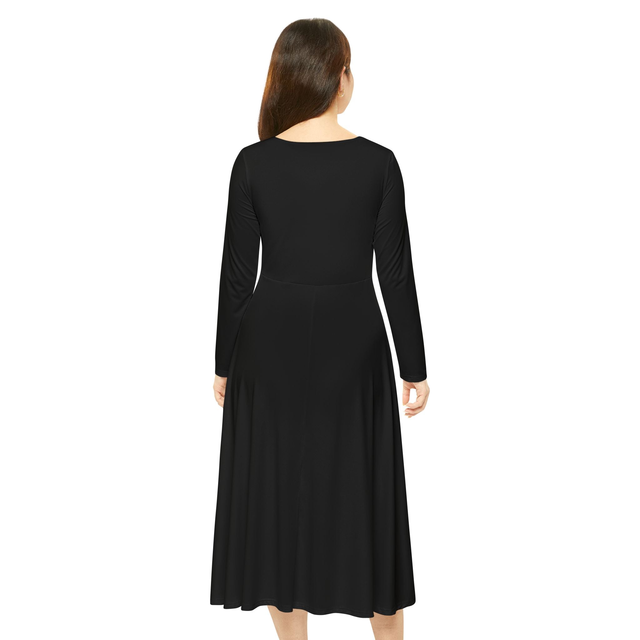 Solid Black Long Sleeve Dance Dress | Flared Skirt, AOP