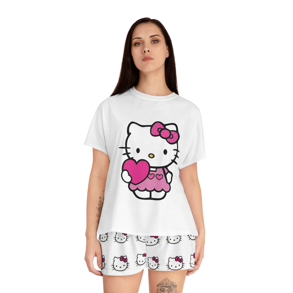 Cute Cat Character Holding Heart Pajama Set | Women's Shorts Top