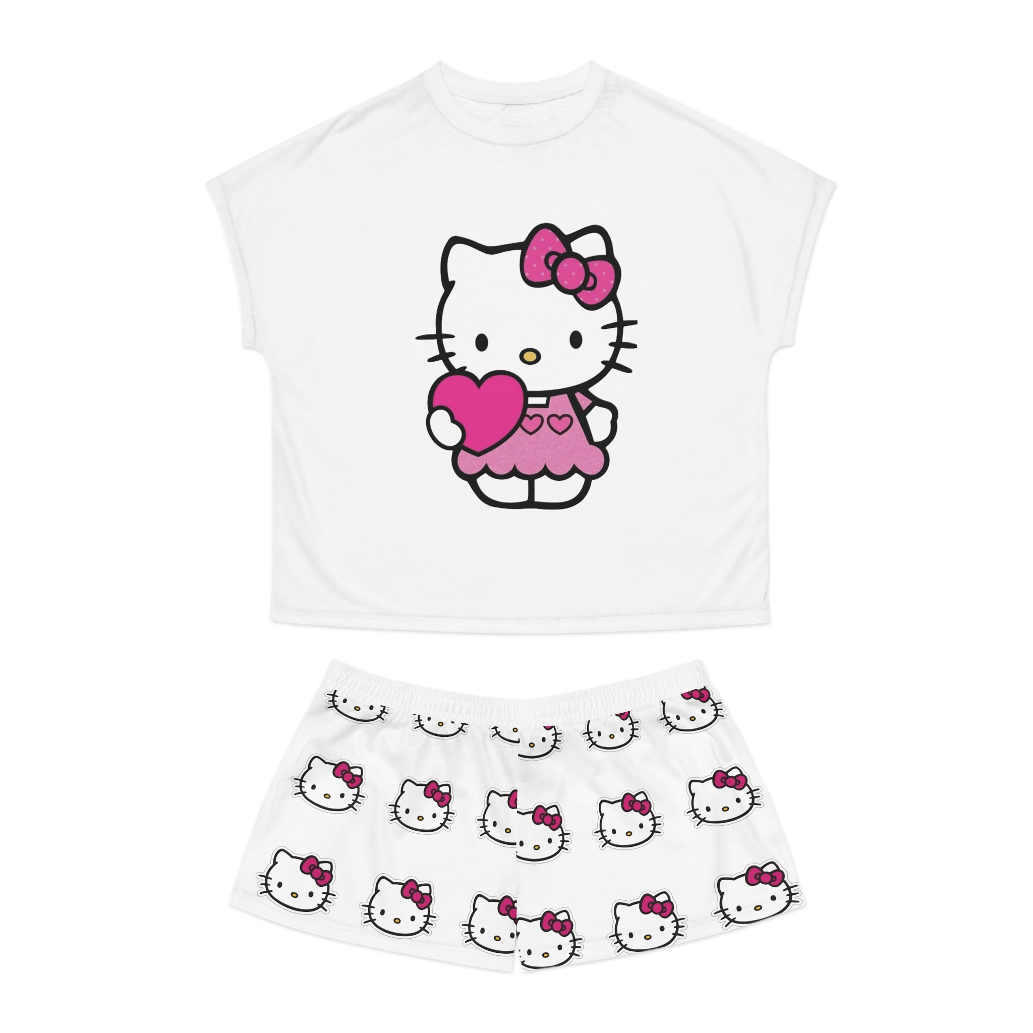 Cute Cat Character Holding Heart Pajama Set | Women's Shorts Top