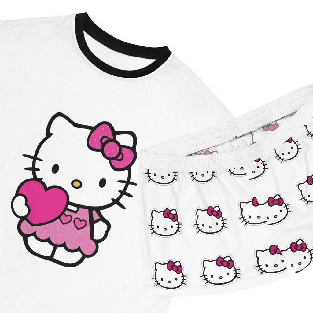 Cute Cat Character Holding Heart Pajama Set | Women's Shorts Top