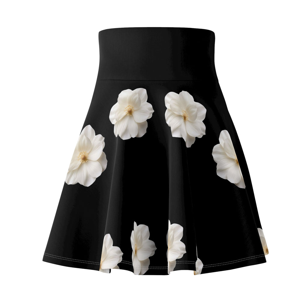 White Camellia Floral Skater Skirt | Black Background