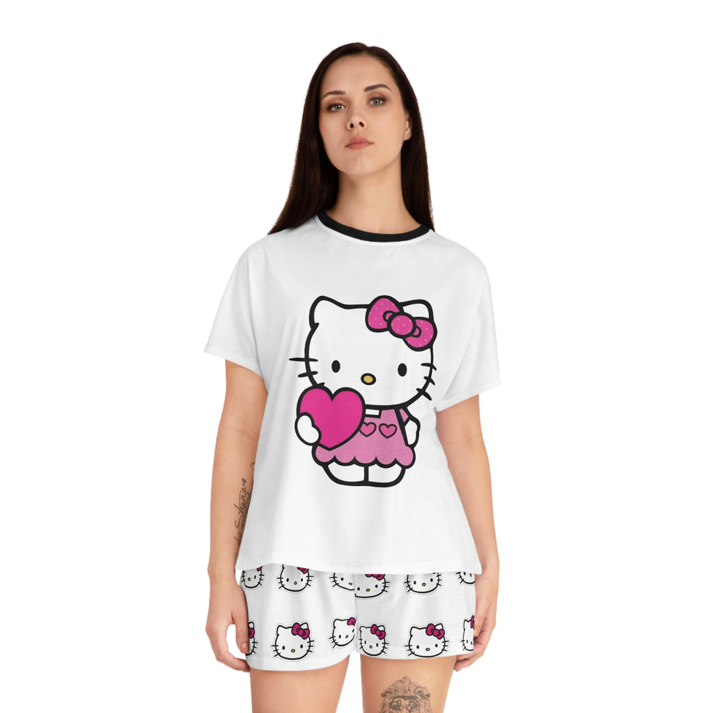 Cute Cat Character Holding Heart Pajama Set | Women's Shorts Top