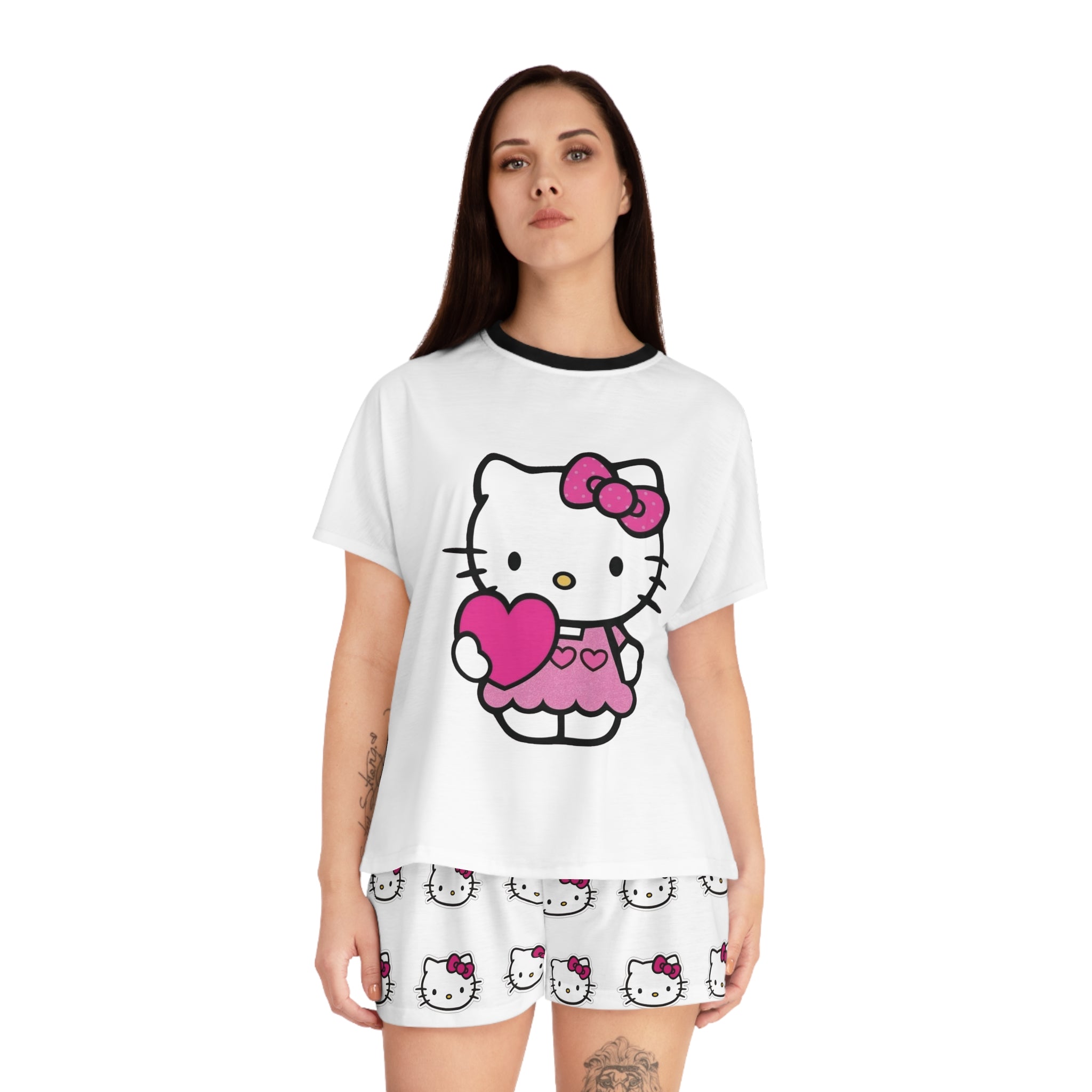 Cute Cat Character Holding Heart Pajama Set | Women's Shorts Top