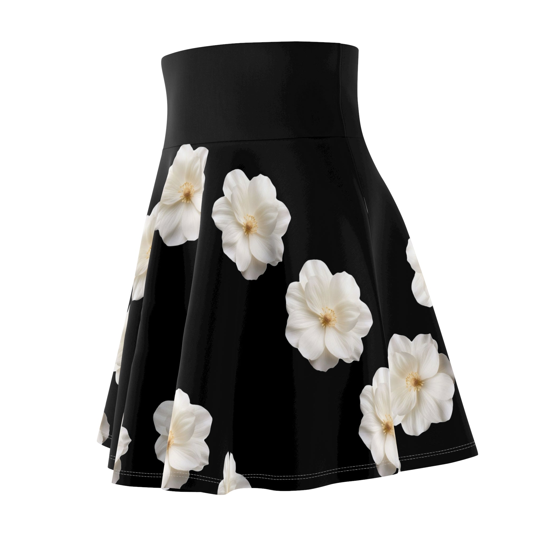 White Camellia Floral Skater Skirt | Black Background