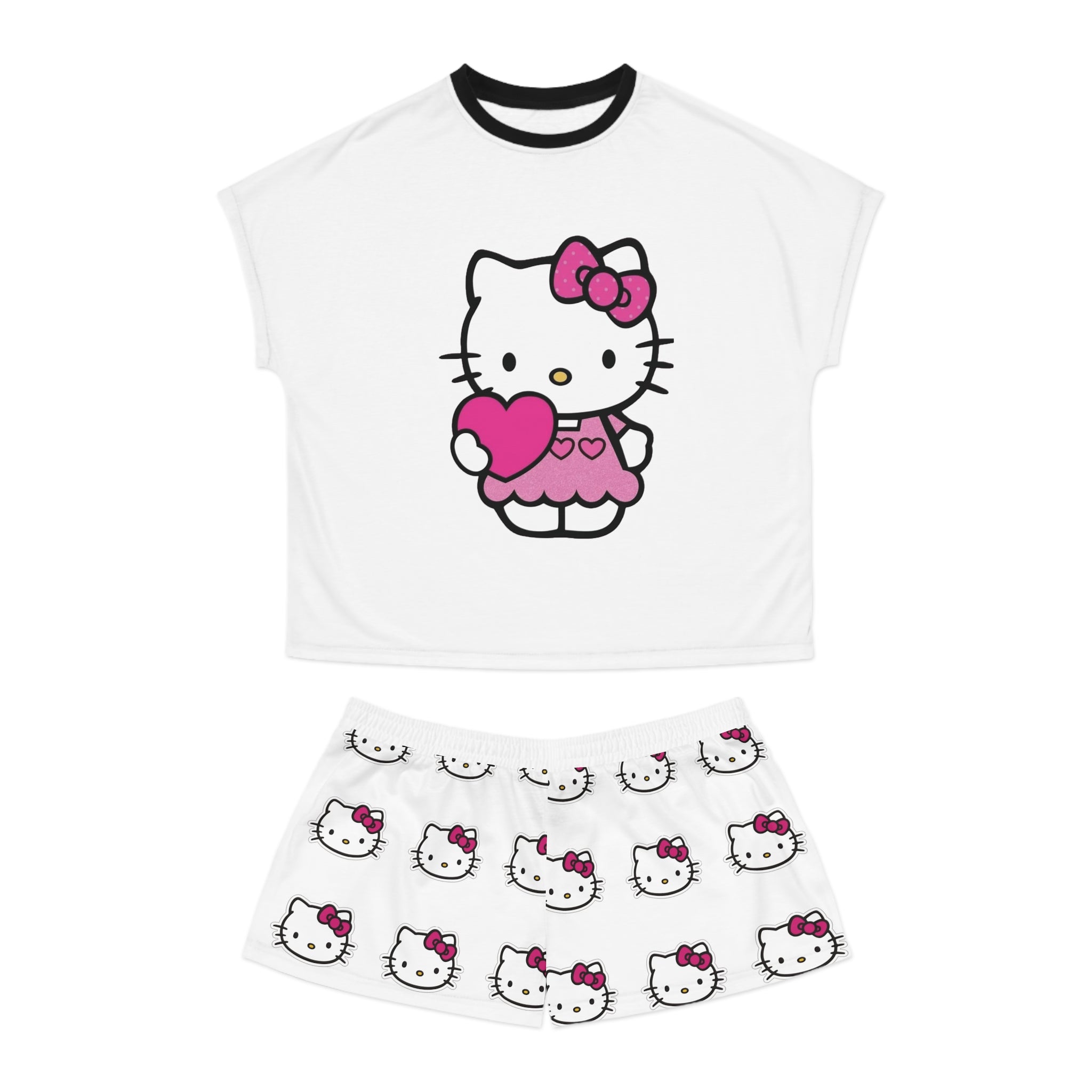 Cute Cat Character Holding Heart Pajama Set | Women's Shorts Top
