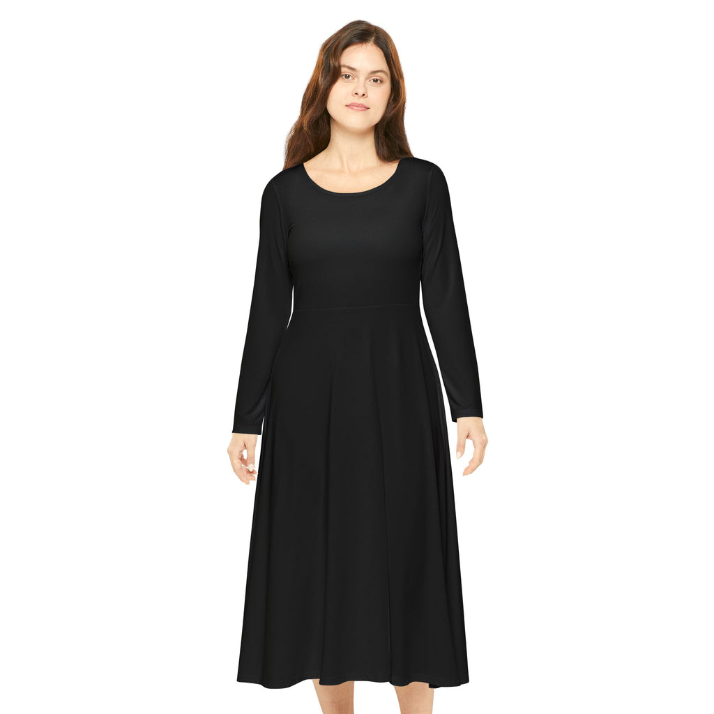 Solid Black Long Sleeve Dance Dress | Flared Skirt, AOP