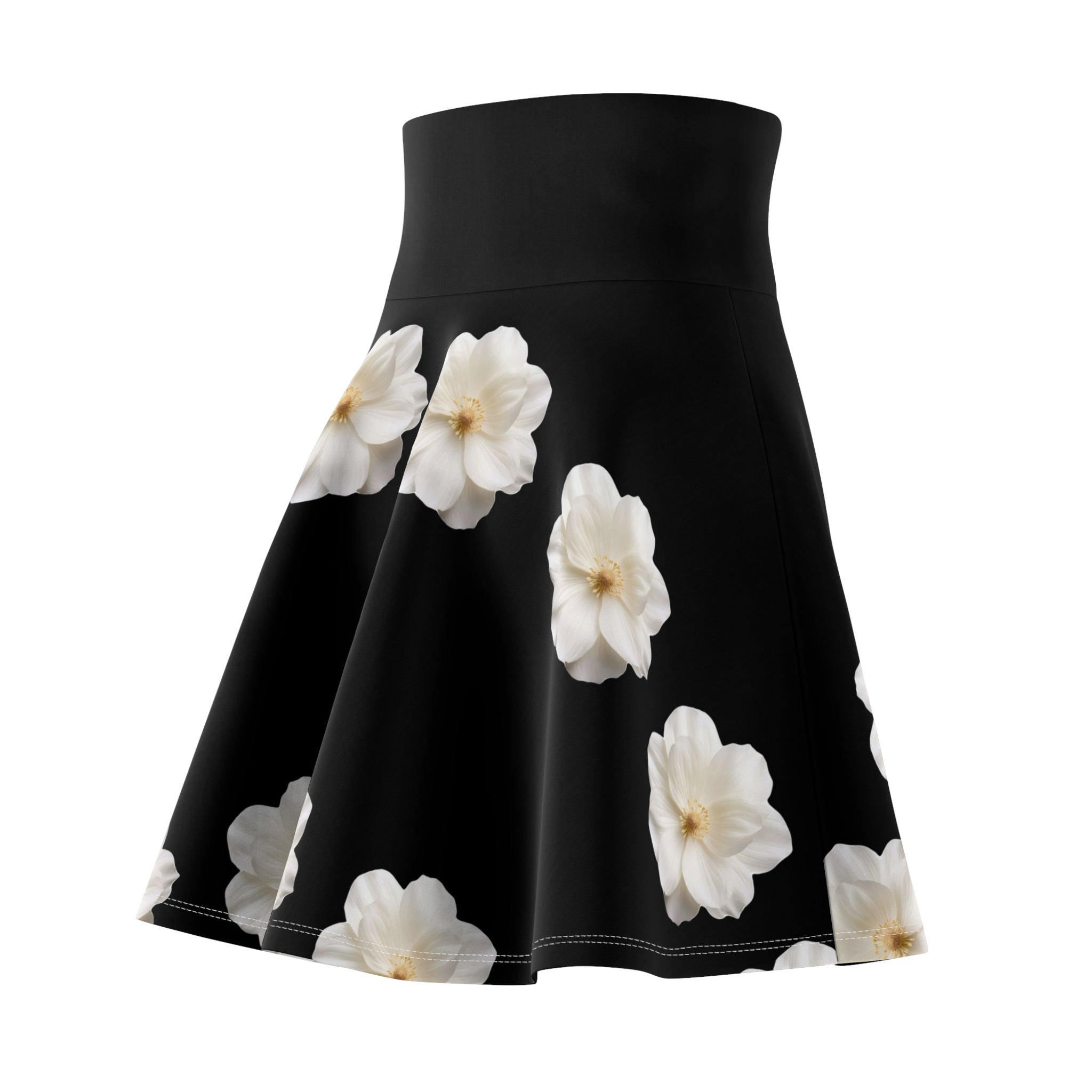 White Camellia Floral Skater Skirt | Black Background