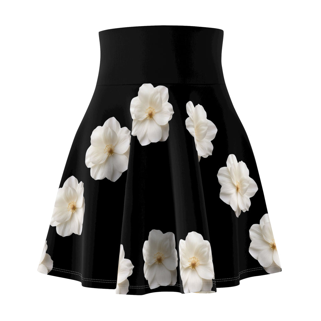 White Camellia Floral Skater Skirt | Black Background