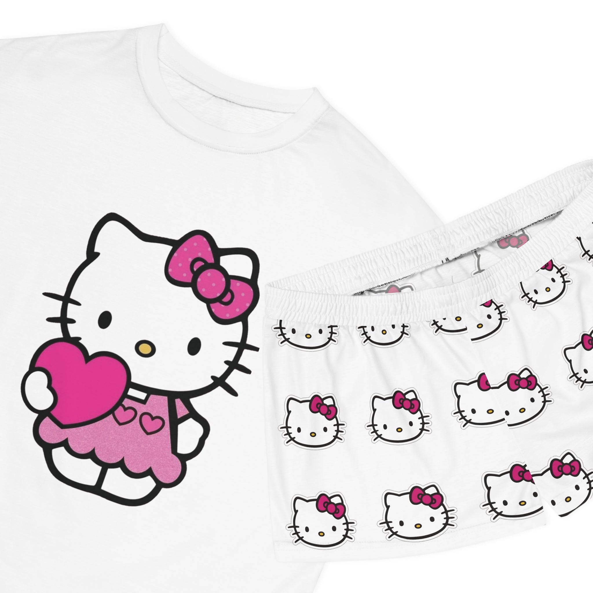 Cute Cat Character Holding Heart Pajama Set | Women's Shorts Top