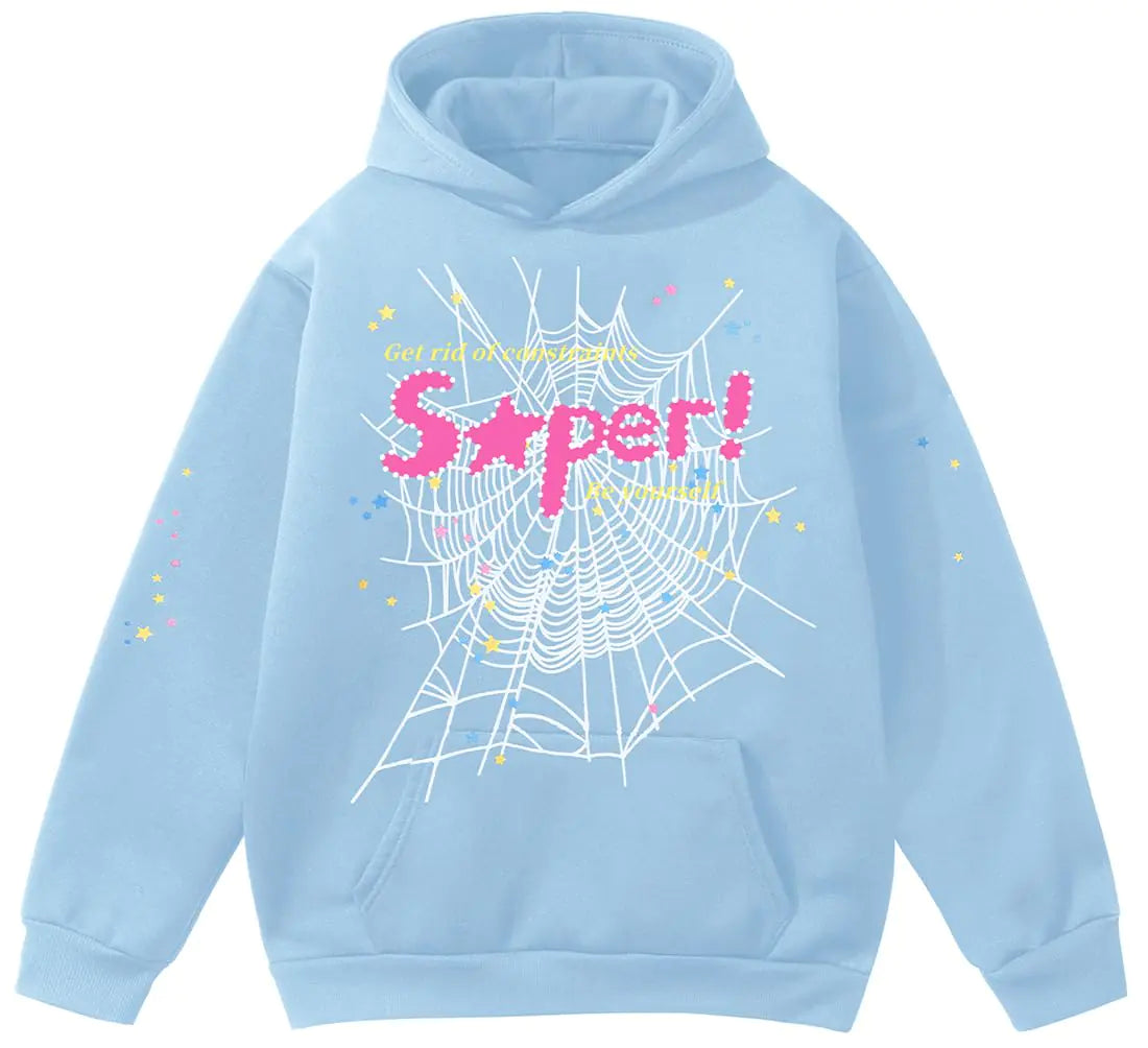 EMILYLE Y2K Spider Hoodie Cobweb Pattern Print Unisex Sweatshirt Men Women Graphic Outwear(skyblue23XL)