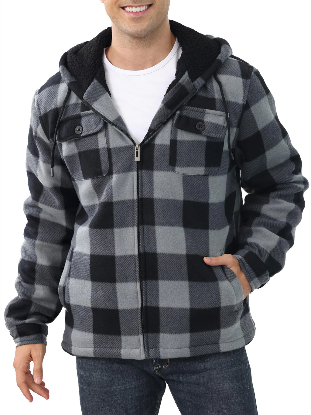 Mens Flannel Shirt Jacket Fleece Sherpa Lined Plaid Jackets Warm Thick Coat Full Zip Up Hoodie Winter Outwear