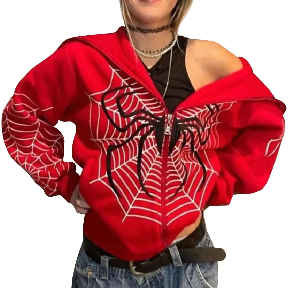 EMILYLE Women Women Y2K Halloween Hoodies Personalized Zip Up Long Sleeve Hooded Jacket Harajuku Outwear(1redS)