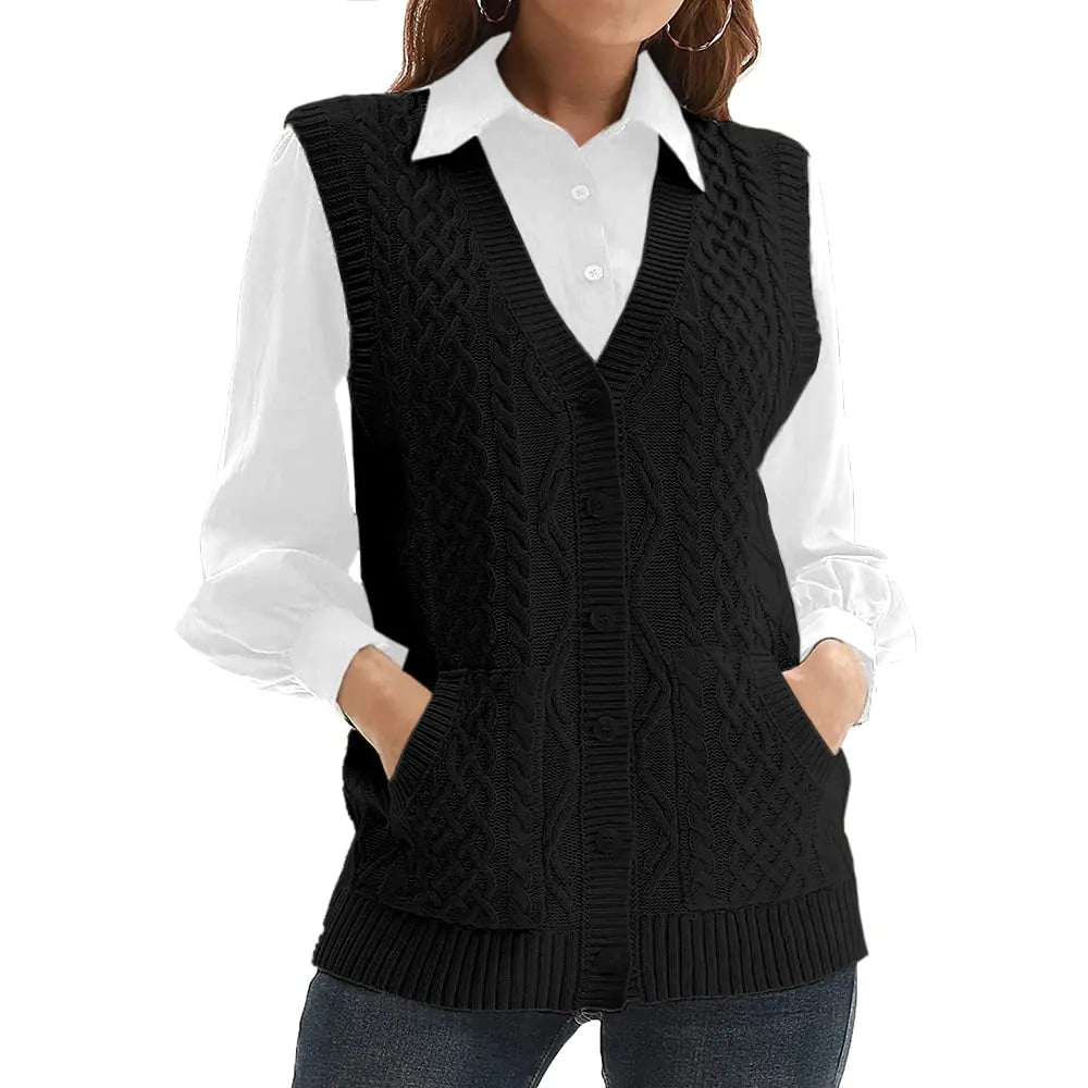 Womens’Knit Sweater Vest V Neck Sleeveless Cardigan Button Down Sweater Pocket Outwear Tops Black